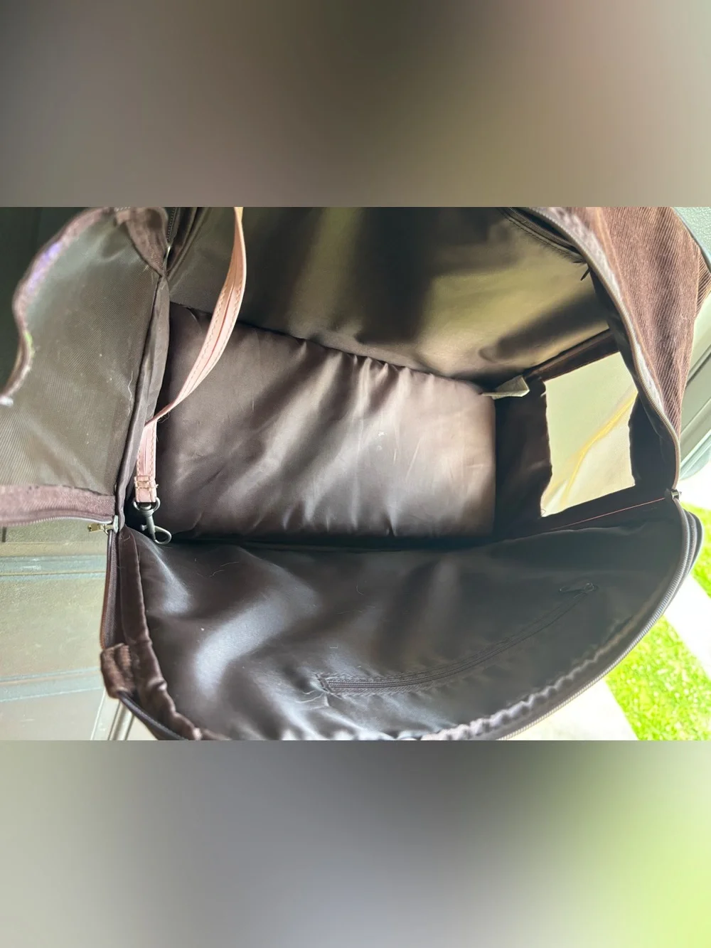 Brown Corduroy Small Pet Carrier with Faux Pink Leather Handles & Accents
